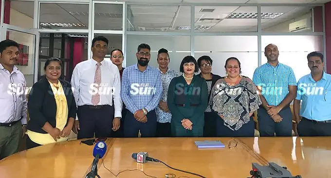 Second from left: Director of Fiji Chamber of Commerce and Industry Umesh Prasad, Business Assistance Fiji board of directors Sunil Sharma (third from left), Pravinesh Singh (fifth from left), chairperson Nur Bano Ali (seventh from left), Vinay Narsey (second from right), general manager Ramesh Chand(right) during the official launch of Business Assistance Fiji at PKF Boardroom in Suva on March 22,2022. Photo: Laisa Lui