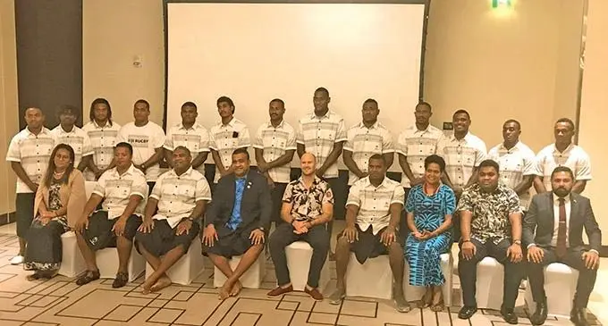 BACK: Waisea Nacuqu, Daniele Yaya, Manueli Maisamoa, Eroni Namata, Tevita Daugunu, Iowane Raturaciri, Jeremaia Matana, Joseva Talacolo, Elia Canakaivata, Iowane Teba, Kaminieli Rasaku, Filipe Sauturaga and Panapasa Qeruqeru. FRONT: Sala Laqai, Wili Baleinabuli, Saiasi Fuli, Ambassador Naipote Katonitabua, Jody Harvey (Fiji Water UAE Regional Director), Josua Vakurunabili, Tamarisi Katonitabua, Sanaila Laqai (First Secretary) and Taljeet Kumar (Second Secretary) in Dubai on November 23, 2021. Photo: Camari Leba Camaivuna