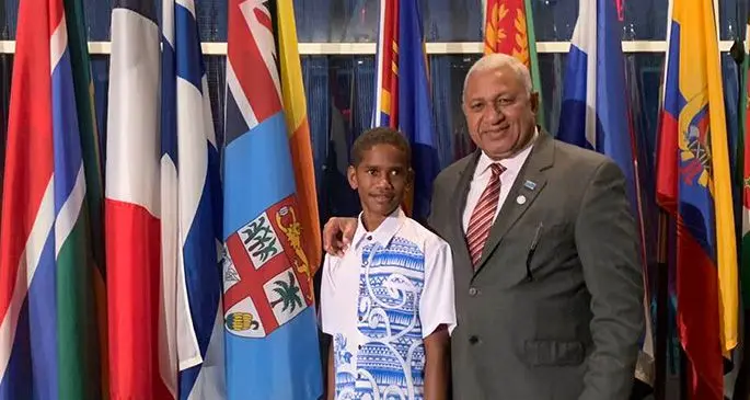 Prime Minister Voreqe Bainimarama and youth delegate Timoci Naulusala in New York, USA.