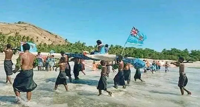 Team Fiji women’s rugby sevens winger Laisana Likuceva is carried ashore by the people of Nacula in the Yasawa as they welcomed her on August 25, 2021.She is the first woman in the village to don the national jumper.