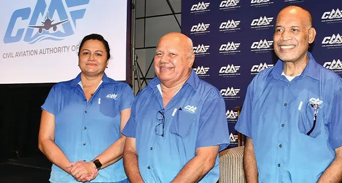 From left: Civil Aviation Authority of Fiji (CAAF) chief executive Theresa Levestam, Minister for Tourism and Civil Aviation Viliame Gavoka and Board of Directors chairman Peceli Korocau during CAAF's 45th anniversary celebration at Crowne Plaza Hotel in Nadi. Photo: Waisea Nasokia