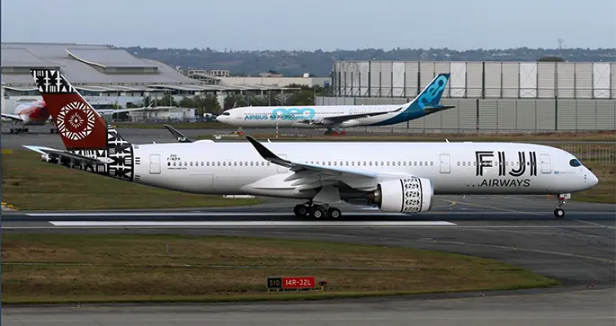 First A350-941 for Fiji Airways performing its rejected take off test prior to the first flight. To be D2-FAI.  Airliners.net photo from Airbus centre at Toulouse, France.