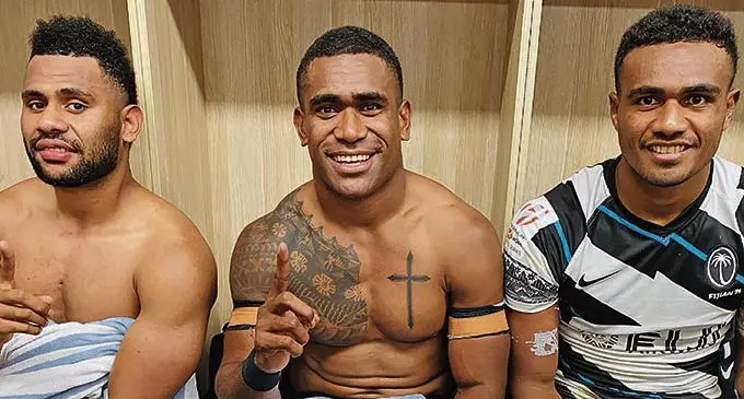 Fiji Airways Fijian 7s players, from left: Vilimoni Botitu, Aminiasi Tuimaba and Iosefo Masikau after thir final game at the Oceania 7s on June 27, 2021.  Photo: Oceania Rugby