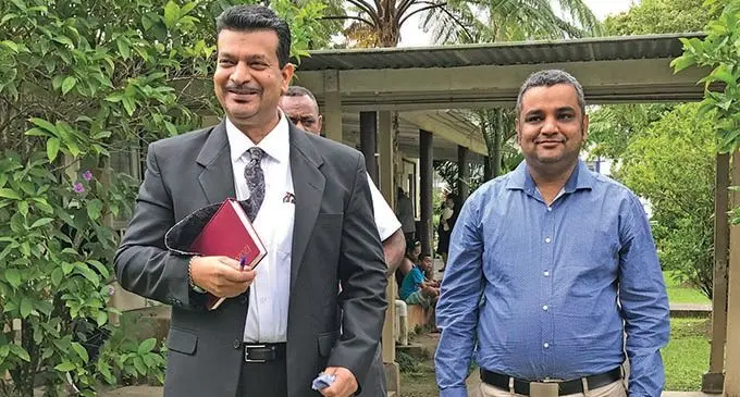 Lawyer Devanesh Sharma (left) with his client, Bobby Maharaj, after he was acquitted by the Magistrates Court in Suva on May 11, 2020. Photo: Ashna Kumar