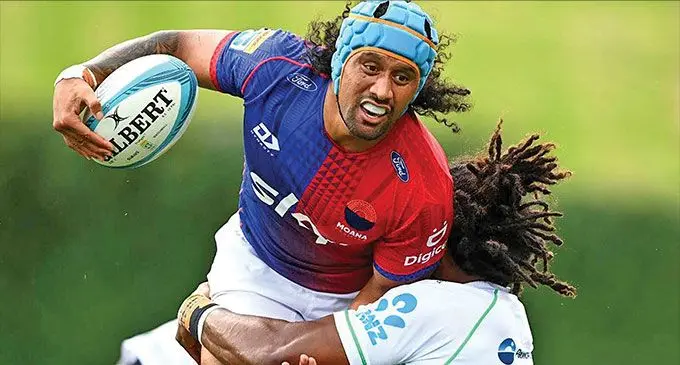 Moana Pasifika midfield back Danny Toala charges forward against the Fijian Drua at Mt Smart Stadium, Auckland, New Zealand on February 25, 2023.
