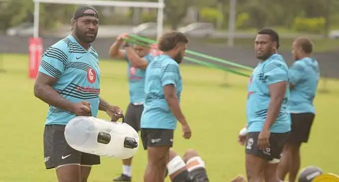 Vodafone Flying Fijians players, from left, Api Ratuniyarawa, Haereiti Hetet, and Eroni Mawi train at Albert Park, Suva, on July 7, 2022.Suva. Photo: Ronald Kumar