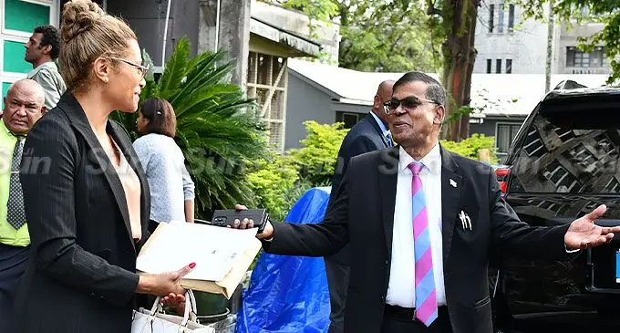 Minister for Women, Children and Social Protection also chair of the Parliamentary Emoluments Committee Lynda Tabuya with Deputy Prime Minister and Minister for Finance Biman Prasad outside the Office of the Prime Minister on June 4, 2024. Photo: Ronald Kumar