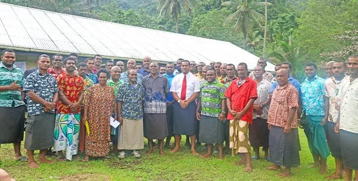 Minister for Lands Filimoni Vosarogo (middle) with Namosi landowners on June 5, 2025. Photo: Asenaca Ratu