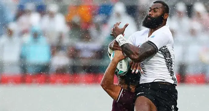 Fiji Airways Flying Fijians winger Semi Radradra wins an aerial battle during the Rugby World Cup in Japan. Radradra is one of the top players in the RWC. Photo: World Rugby