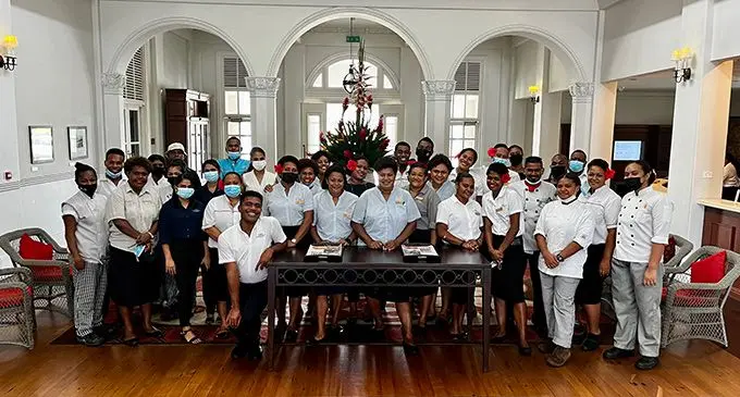 Colleagues at Grand Pacific Hotel gathered to sing the traditional “Isa Lei” Photo: Krishnil Prasad