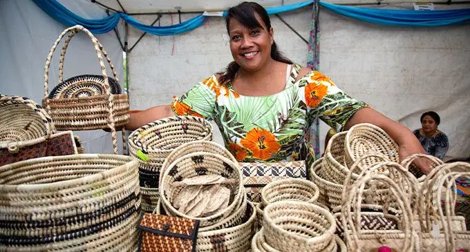 Artist Toka Tane with some of her artwork at the Blue Pacific Village at Suva’s Thurston Garden on July 11, 2022.