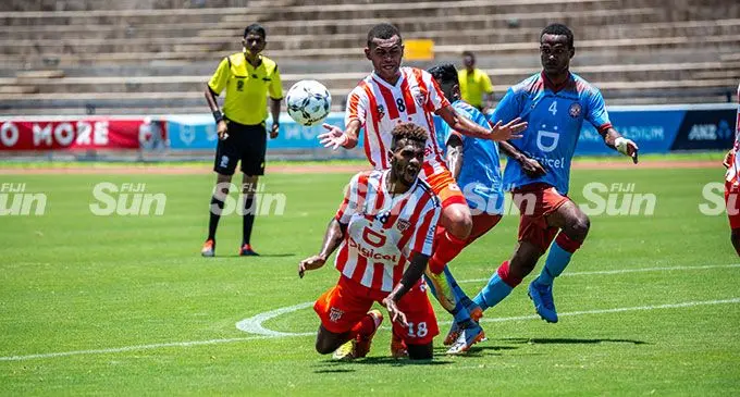 Labasa striker Siotame Kubu falls to the ground during their Digicel Premier League clash against Nasinu on February 12, 2022. Labasa coach Ravneel Pratap is looking for a striker that could partner Christopher Wasasala in their clash against Suva, Photo: Leon Lord