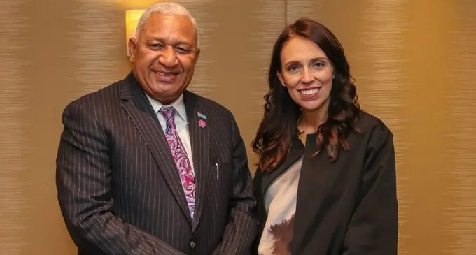 Prime Minister Voreqe Bainimarama and New Zealand Prime Minister Jacinda Ardern in London on April 18, 2018. Photo: DEPTFO News