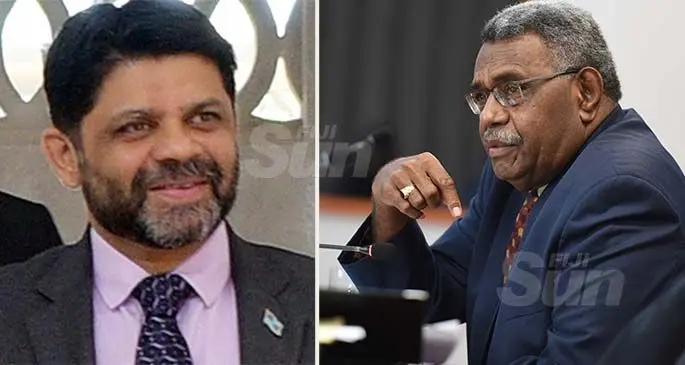 Attorney-General Aiyaz Sayed-Khaiyum outside Parliament and Former SODELPA Member of Parliament, Ratu Isoa Delamisi Tikoca. Photos: Ronald Kumar 
