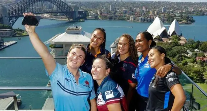 Super W captains at the 2023 season launch. Front row (from left) : Piper Duck (NSW Waratahs), and Shannon Parry (QLD Reds). Back row (from left): Siokapesi Palu (ACT Brumbies), Ash Marsters (Melbourne Rebels), Bitila Tawake (Fijiana Drua) and Trilleen Pomare (Western Force). Photo: Karen Watson/Rugby Australia