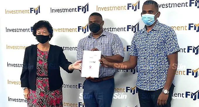 From left: Investment Fiji board chair Jenny Seeto, Vodafone Fiji chief commercial officer, Ronald Prasad and Investment Fiji acting chief executive officer, Kamal Chetty in Suva on October 25, 2021. Photo: Maraia Vula.