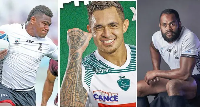Fiji Airways Flying Fijians stars (left-right) Josua Tuisova, Jale Vatubua and Peceli Yato are eligibile to play under the JIFF criteria  in the Top 14 competition. Photos: RWC 2019, Planet Rugby Photo: Simione Haravanua