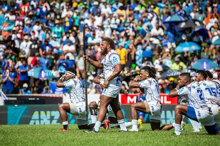 Swire Shipping Fijian Drua captain Tevita Ikanivere leads the i-bole against the Blues at Churchill Park, Lautoka, April 29, 2023. Photo: Leon Lord