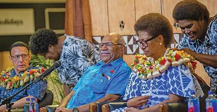 Prime Minister Sitiveni Rabuka (middle) welcomes Fijian nationals returning from Israel at Nadi International Airport on October 12, 2023. Among them was Rewa’s paramount chief, Ro Teimumu Kepa. Photo: Leon Lord