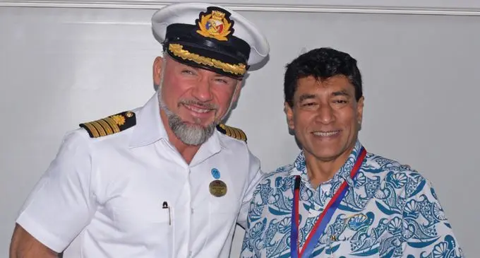 Cruise liner Majestic Princess Captain Dino Sagani (left) with Fiji Ports CEO, Vajira Piyasena at Kings wharf uin Suva as the cruise liner berth in Suva on September, 2018. Photo: Ronald Kumar.