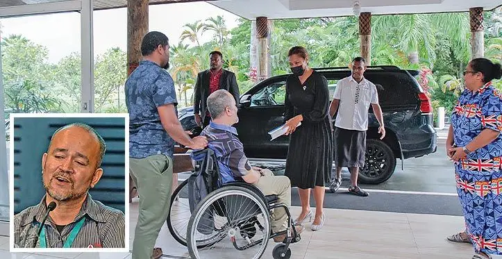 Joshko Wakaniyasi greets Minister for Women, Children and Poverty Alleviation Lynda Tabuya at the closing of the 7th Pacific Regional Conference on Disability at the Tanoa International Hotel in Nadi on March 3, 2023. (Inset: The late Joshko Wakaniyasi).
