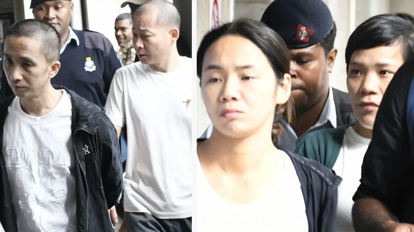 From left: Yu Yang Feng, Zhou Lou, Dai Ming Hui and Ginna Choi outside the Suva Magistrate Court on August 4, 2026.