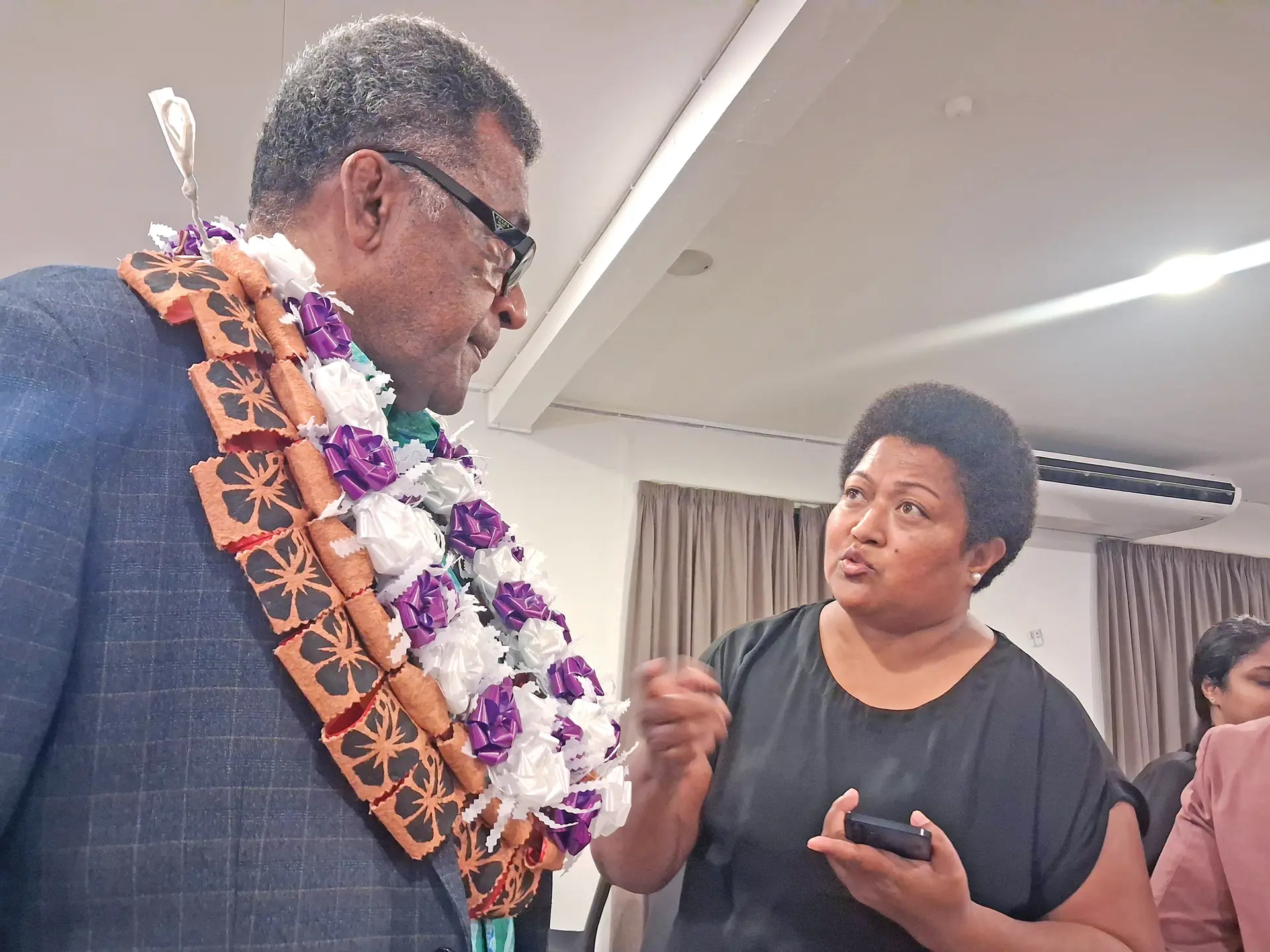 Minister for Finance Esrom Emmanuel (left), with Viti Indigenous Tourism Alliance Salote Malani during the Dialogue Fiji forum at the Tanoa Skylodge Hotel in Nadi on July 11, 2026. 