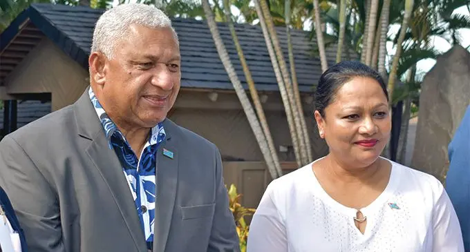 Prime Minister Voreqe Bainimarama (left) with Minister for Industry, Trade, Tourism, Local Government, Housing and Community Development Premila Kumar at the Fifth Urban Pacific Forum at the Tanoa International in Nadi on July 2, 2019. Photo: Mereleki Nai