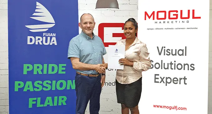 Swire Shipping Fijian Drua chief executive officer Mark Evans (left) and Mogul Marketing managing director Monish Naidu on November 1, 2022. Photo: Fijian Drua Media