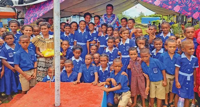 Minister for Education Aseri Radrodro, with students of Valelawa Primary School during the groundbreaking ceremony in Dreketi, Macuata, on February 5, 2025.