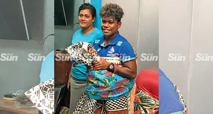 Rooster Chicken Fijiana Drua winger Vitalina Naikore (right) at Milverton Road, Raiwaqa, on May 13, 2022. Photo: Sereana Salalo