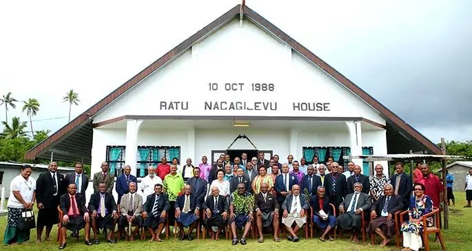 Members of the Kadavu Provincial Council with Acting Commissioner of Police Rusiate Tudravu during the opening of the Kadavu Provincial Council meeting on March 24, 2021 in Tavuki village, Kadavu. Photo: Fiji Police Force