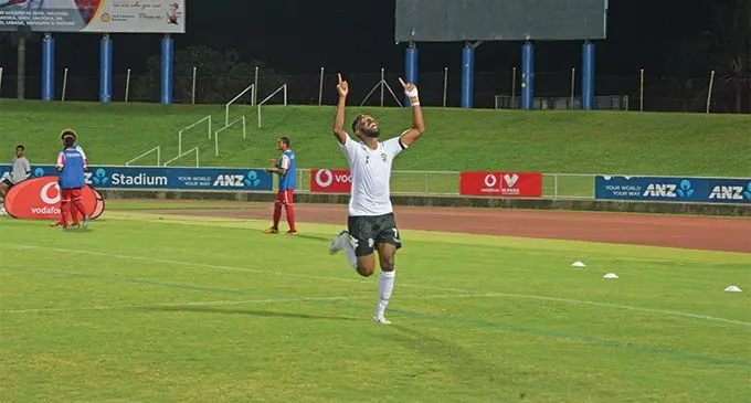 Samuela Drudru celebrates after scoring goal for Fiji at the ANZ Stadium in Suva on March 18,2019. Photo: Simione Haravanua