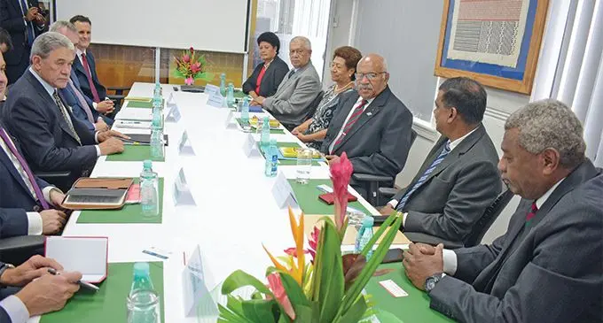 New Zealand’s Deputy Prime Minister Winston Peters with Opposition leader Sitiveni Rabuka and members of the Opposition on February 27, 2019.