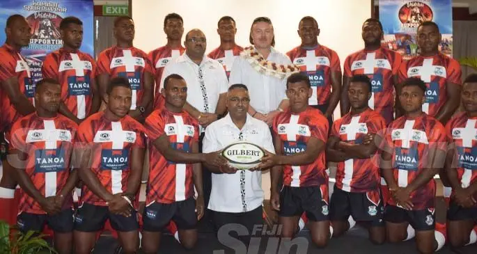 Red Rock 7s club players during the presentation from standing (middle- left to right) Tanoa International Hotel manager Daniel Roy, Richard Breen. Kneeling (middle), Tanoa International Hotel assistant manager Kushend Kumar at Tanoa International Hotel in on February 20, 2020. Photo: Mereleki Nai