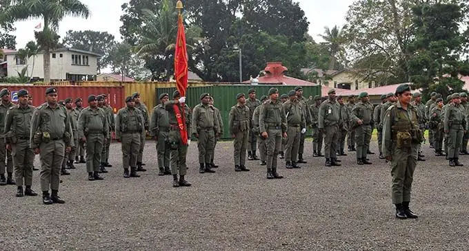 Commanding Officer of Bravo Company Captain Venina Vakadewabuka (front right) leads the 3FIR parade to launch Infantry Week at the Queen Elizabeth Barracks in Nabua on June 18, 2020. Photo: RFMF Media