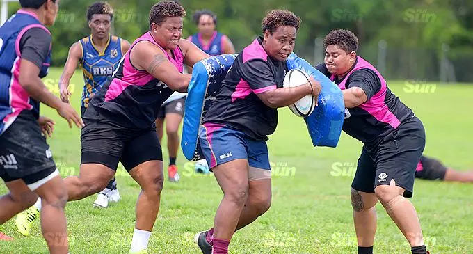 Fijiana 15 women’s team member, Karalaini Naisewa (with ball) during team training at Bidesi Park on October 14 2021. Photo: Ronald Kumar.