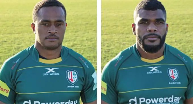 From left: London Irish Exiles’ Fijian duo Alivereti Veitokani and Albert Tuisue.