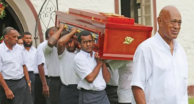 Pallbearers carry the casket of Ratu George Kadavulevu from Ratu Seru Cakobau Memorial Church in Bau Island during the funeral on September 13, 2019. Photo: Ilaijia Ravuwai
