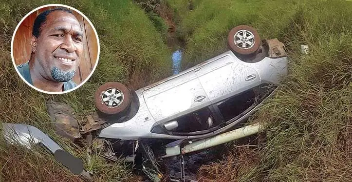 The scene of the vehicle crash near the Seaqaqa-Navidamu Road. The driver lost control and veered into a creek on July 9, 2023. Photo: Fiji Police Facebook page/ Inset: Eroni Matanitobua