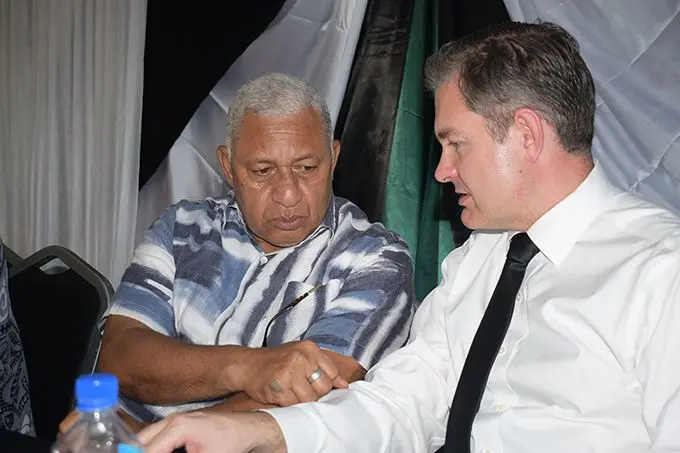 Prime Minister Voreqe Bainimarama with New Zealand High Commissioner Jonatahn Curr during the open prayer for our brothers and sisters in Christchurch NZ at Makoi's Womens Vocational Centre on March 17,2019.Photo:Simione Haravanua.