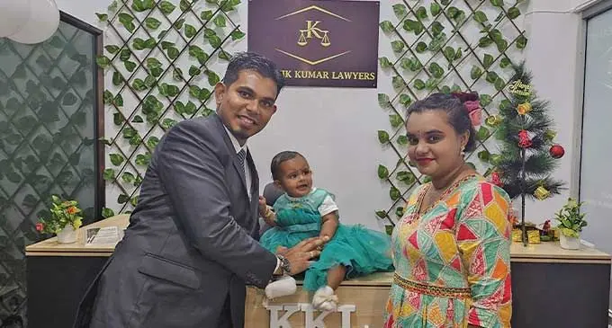 Lawyer Kaushik Kumar with his daughter Shivagni Kumar and wife Kiara Kumar at their new law firm in Labasa on December 15, 2023. Photo: Jone Salusalu