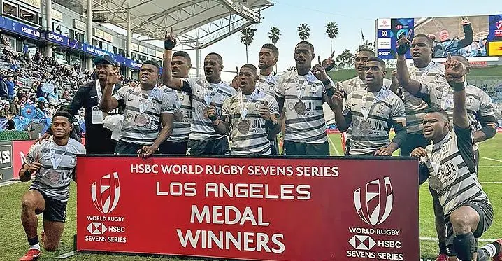 Fiji Airways Fijian men’s sevens team (from, from left) Manueli Maisamoa and Jerry Tuwai. Back from left: Ioane Teba, Tevita Daugunu, Josese Batirerega, Alusio Vakadranu, Rokoua Rasaku, Ponipate Loganimasi, Anasa Qaranivalu, Jerry Matana, Pilipo Bukayaro, Josua Vakurinabili and Waisea Nacuqu at the Dignity Health Sport Park in Carson, California on February 26, 2023. Photo: World Rugby