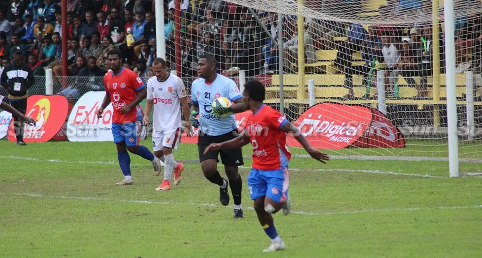Extra Supermarket Labasa striker Eparama Moraica celebrates after scoring one his two goals against Nasinu at Subrail Park, Labasa, on May 31, 2024. Photo: Fiji FA Media. 