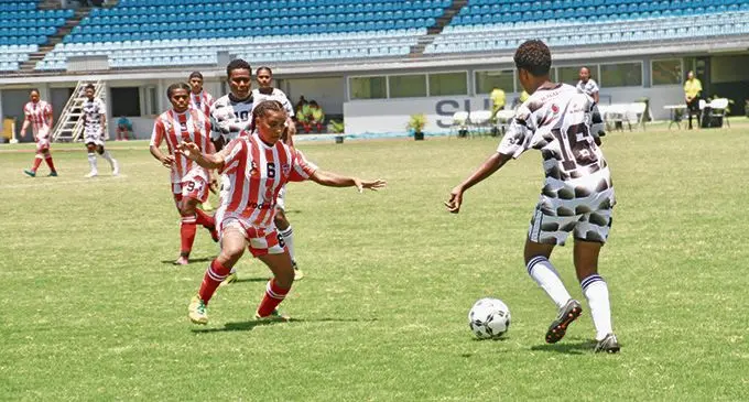 Labasa’s Adi Volitikoro (left) defends against Suva’s Esther Vakacegu during the Vodafone Women’s Interdistrict Championship semifinal at the ANZ Stadium, Suva, on November 1, 2020. Volitikoro scored Labasa’s first goal as they won 3-1. Photo: Fiji FA Media