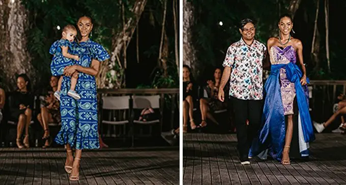 A model and a baby showcasing the Vintage collection by Cherish Prasad. Photo: Only Idea Studios. Second Photo: Cherish Prasad with a model showcasing the Paradise (Savusavu) collection. Photo: Only Idea Studio