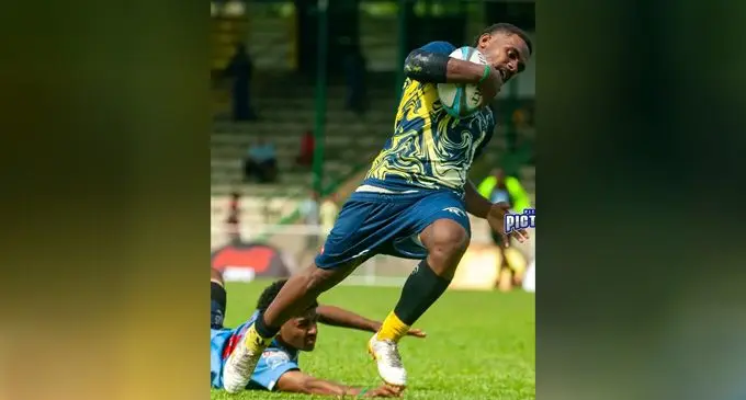 DXC Dominion Brothers playmaker Vilivo Eroni on his way to score a try during the first day of the Fiji Bitter Nawaka Sevens tournament at Prince Charles Park, Nadi, on February 3, 2023. Photo: Pita Simpson