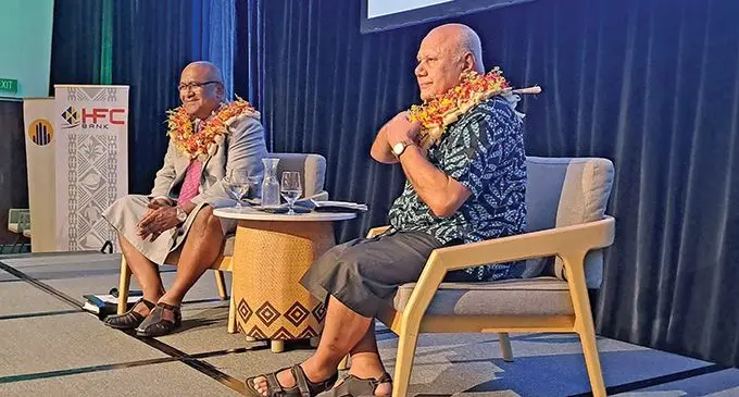 Deputy Prime Minister and Minister for Trade, Co-operatives, Small and Medium Enterprises and Communications Manoa Kamikamica (left) with Deputy Prime Minister and Minister for Tourism and Civil Aviation Viliame Gavoka at the inaugural Fiji Tourism Investment Summit at the Sheraton Fiji Golf and Beach Resort, on Denarau. Photo: Waisea Nasokia