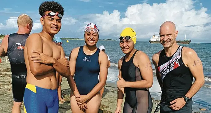 From left, Lucas Nicolaus, Nathalyn Takayawa, with winners Shanice Takayawa, and Daniel Cowley at Wailoaloa beach  on January 16, 2021. Photo: Waisea Nasokia