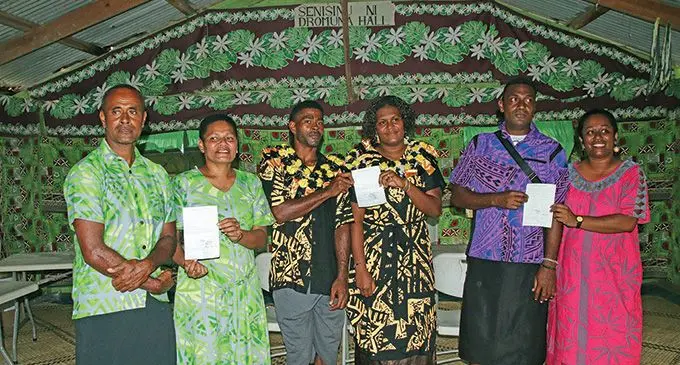 From left: Couples Solome Waqa and Buinima Baleisuva, Amelia and Sairusi Naivalulevu with Mosese Tadulala and Vani Rauca, on Gau Island on February 14, 2023. Photo: Josefa Babitu